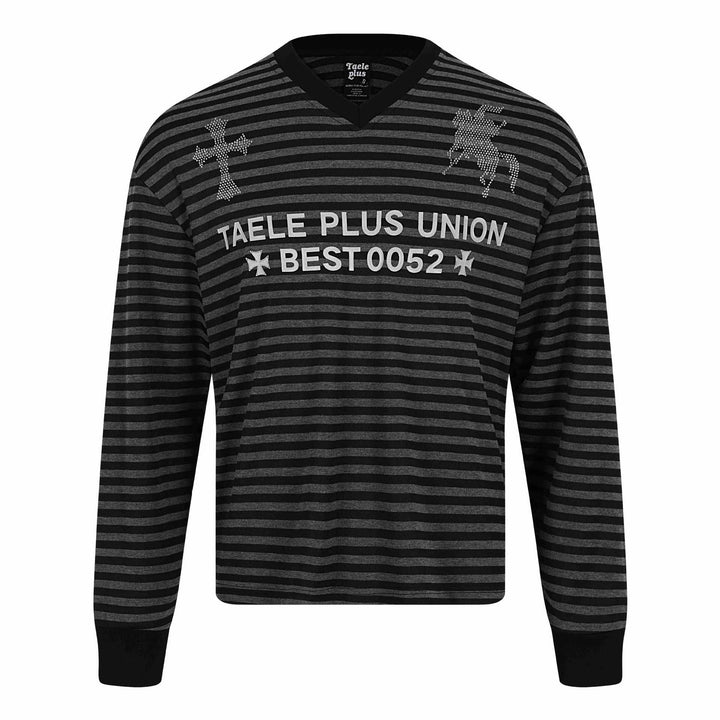 Unisex Gestreifter Langarm-Pullover mit V-Ausschnitt und Strassapplikationen Echoarchiv