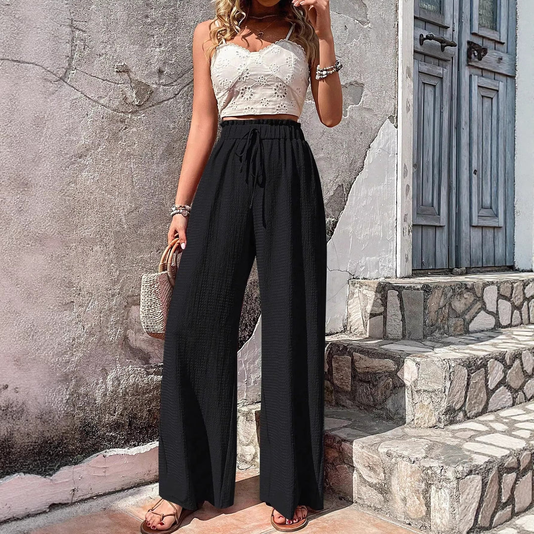 Damen Leichte Palazzo-Loungehose mit strukturierter Crinkle-Optik, hohem Gummibund und Kordelzug – Avélisse