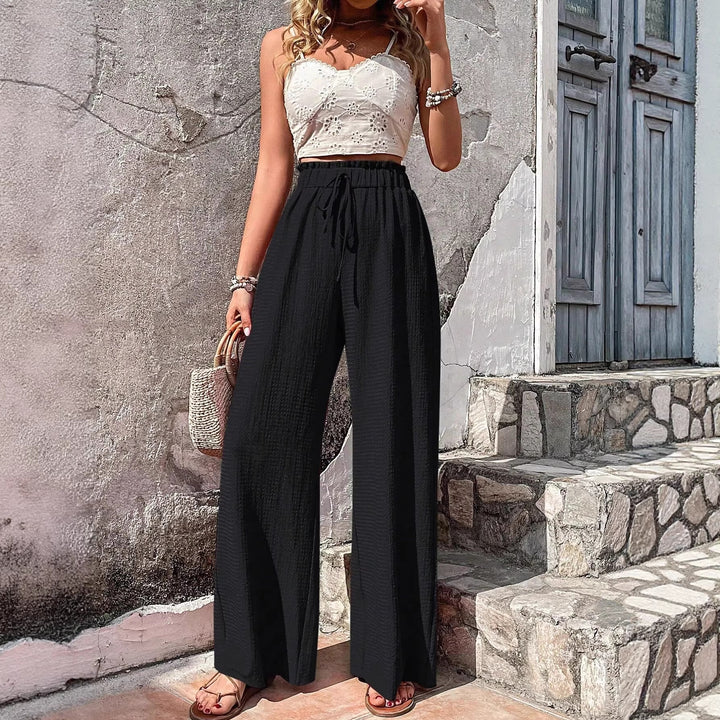 Damen Leichte Palazzo-Loungehose mit strukturierter Crinkle-Optik, hohem Gummibund und Kordelzug – Avélisse