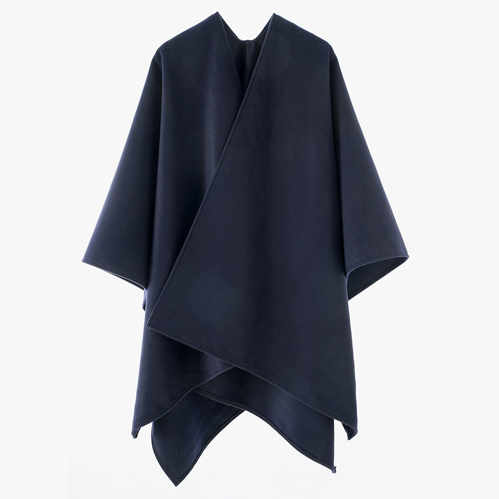 Damen Minimalistischer Wickel-Cape aus Wollmix mit V-Ausschnitt und asymmetrischem Saum – Montévia