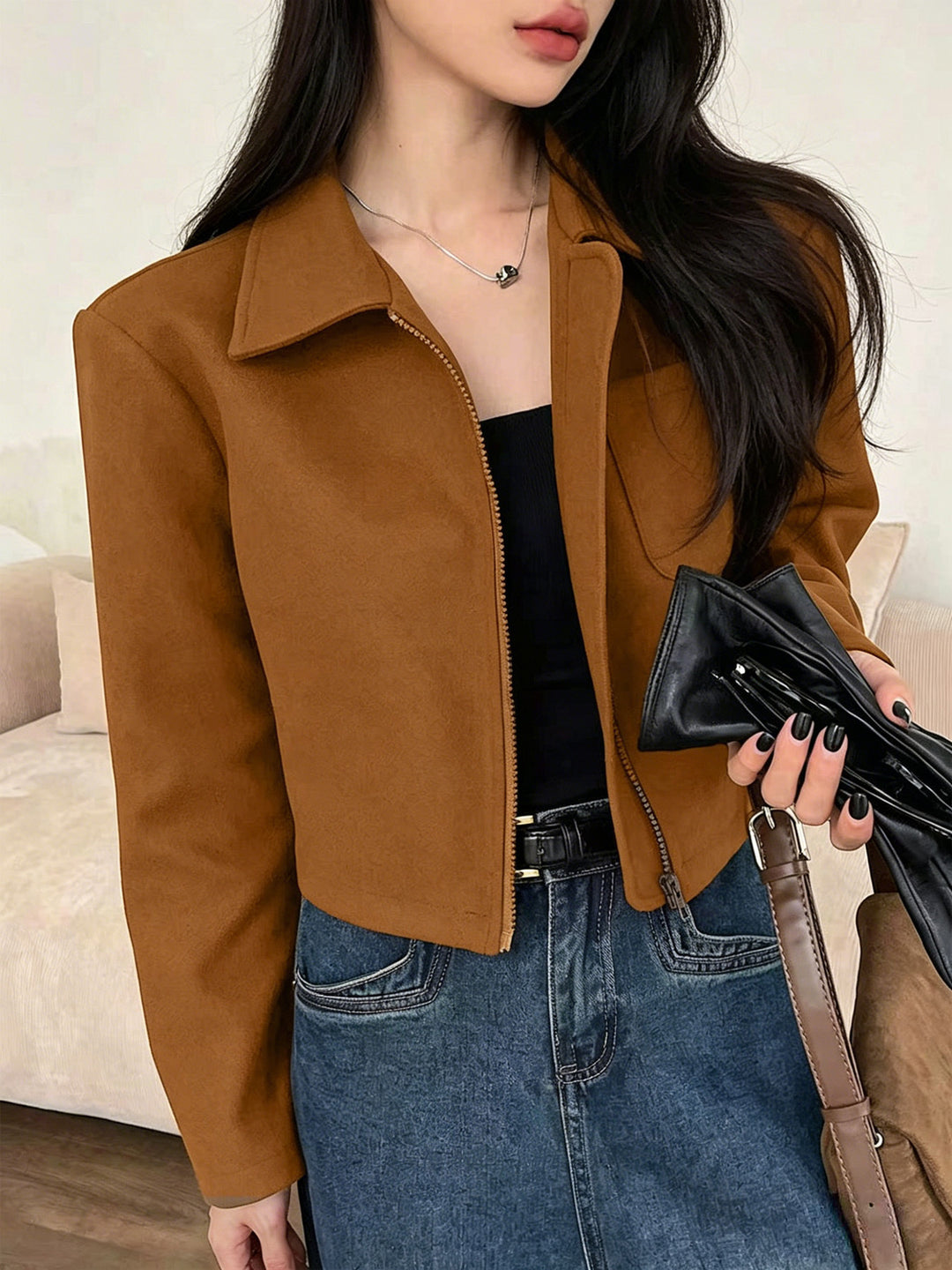 Damen Kurzjacke aus Wildlederimitat mit Reißverschluss und Hemdkragen – Célinea