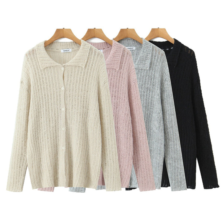 Damen Grob gestrickte Oversize‑Strickjacke mit Hemdkragen und Knopfleiste Echoarchiv