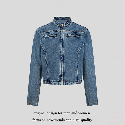 Damen Kurz geschnittene taillierte Jeansjacke mit Stehkragen und verdecktem Reißverschluss Echoarchiv