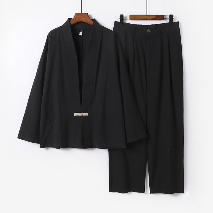 Damen Kimono-Lounge-Set aus leichtem Viskose-Leinen mit dekorativem Knebelverschluss und weiter Bundhose Echoarchiv