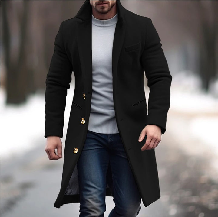 Herren eleganter Wollmantel mit schmalem Schnitt und goldenen Knöpfen Echoarchiv