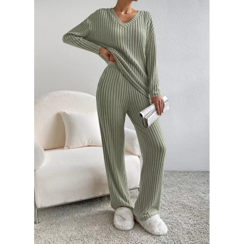 Damen Gemütliches Rippstrick-Loungewear-Set mit V-Ausschnitt und weitem Bein Echo Archiv