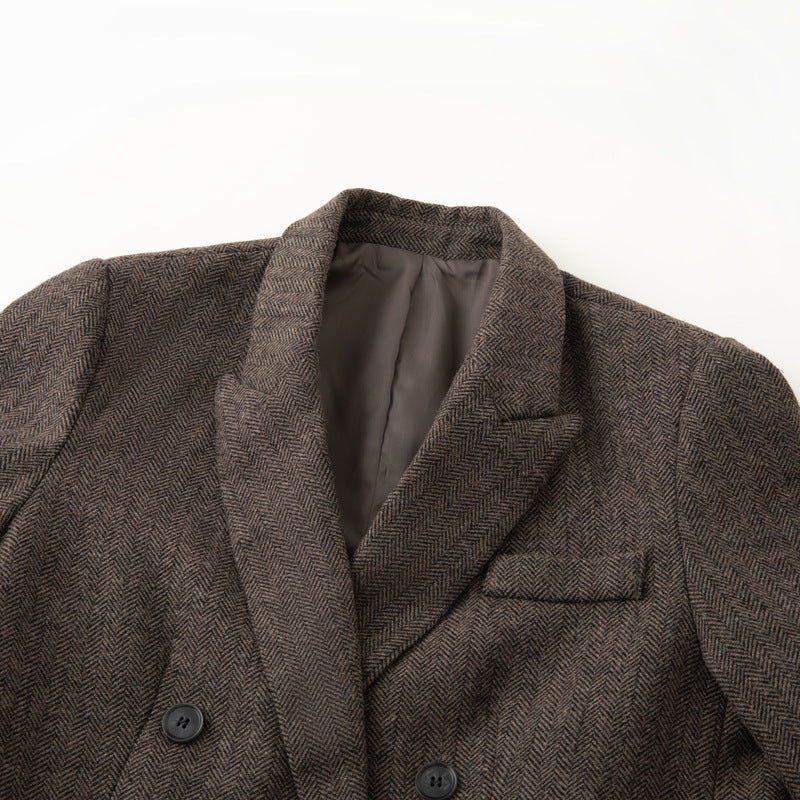 Damen Zweireihiger Wollmix-Blazer im Fischgrätmuster mit Pattentaschen Echo Archiv