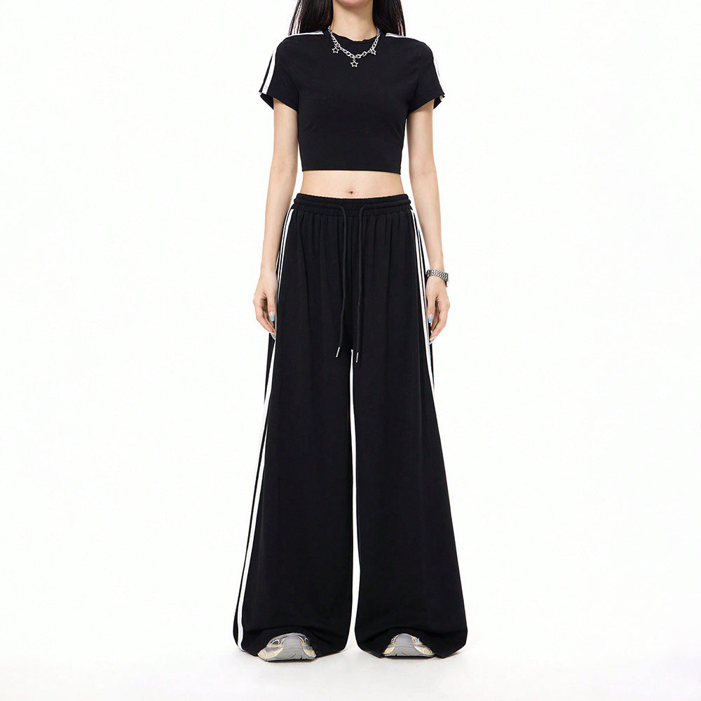Damen lässige Highwaist weite Sweathose mit elastischem Bund, Tunnelzug und seitlichen Kontraststreifen – Avérine