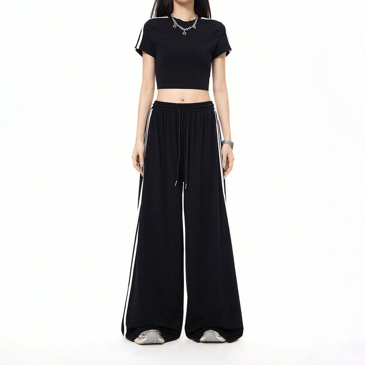 Damen lässige Highwaist weite Sweathose mit elastischem Bund, Tunnelzug und seitlichen Kontraststreifen – Avérine