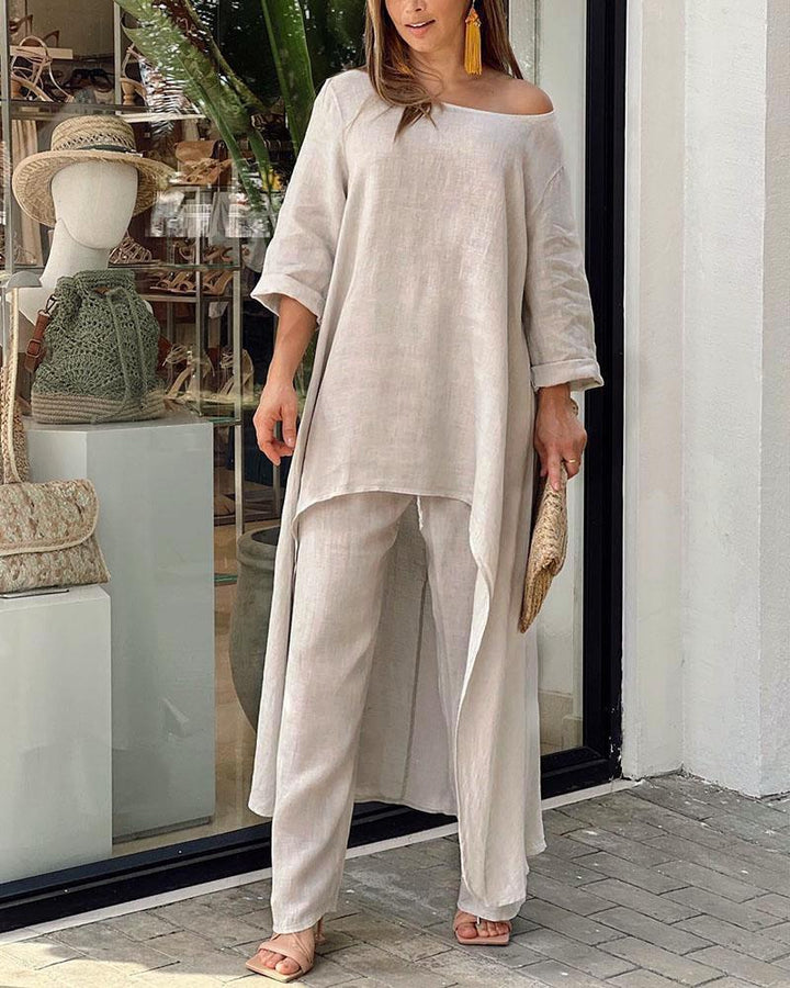 Damen Lässiges Leinenoptik-Zweiteiler mit asymmetrischer Long-Tunika und weitem Palazzo-Hose – Élanora