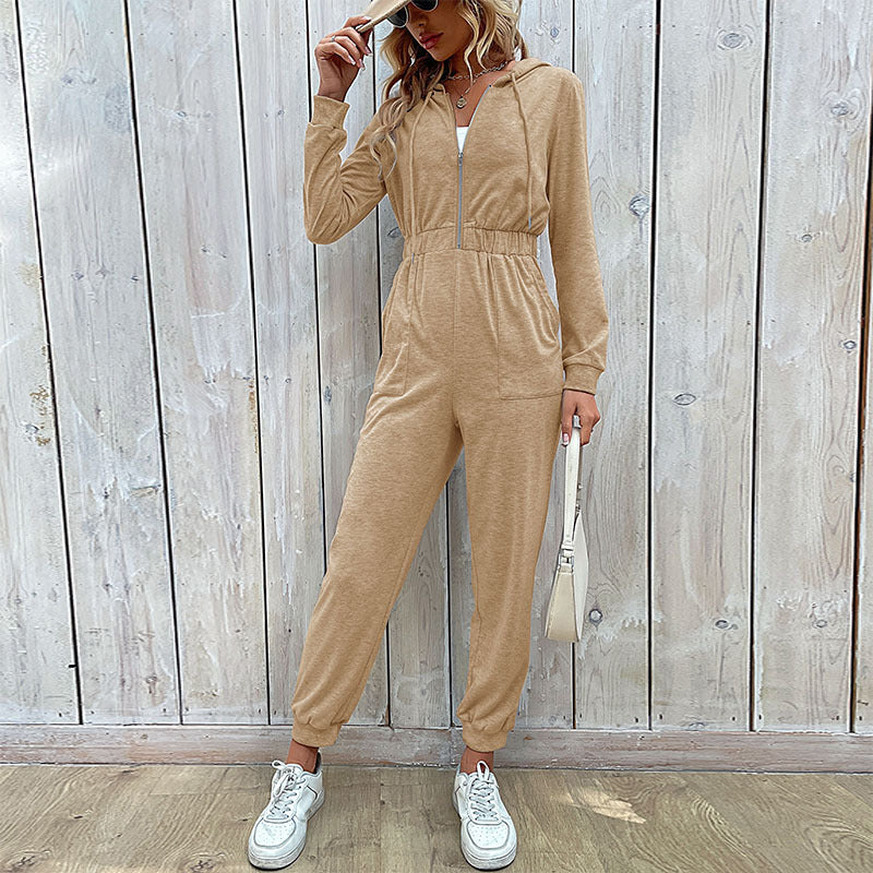 Damen Kapuzen-Jumpsuit mit Reißverschluss, elastischer Taillenpassform & Joggerbündchen Echoarchiv
