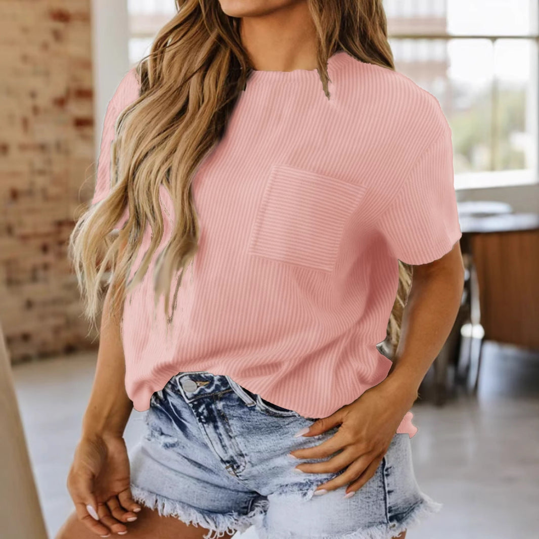 Damen lässiges Kurzarmshirt mit strukturierter Oberfläche und praktischem Brusttaschen Echo Archiv