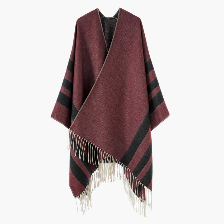 Damen Wendbarer Strickcape-Poncho mit Fransen und kontrastierenden Streifen – Avérine