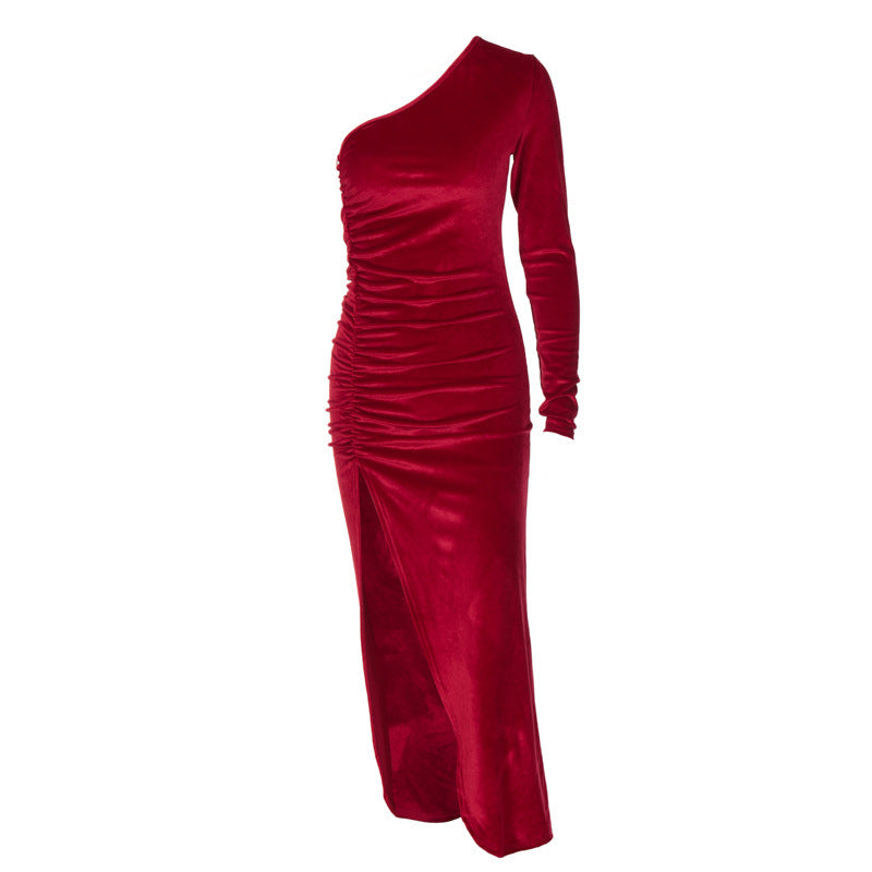 Damen stilvolles Ein-Schulter-Kleid mit Raffungen und Schlitz Echo Archiv