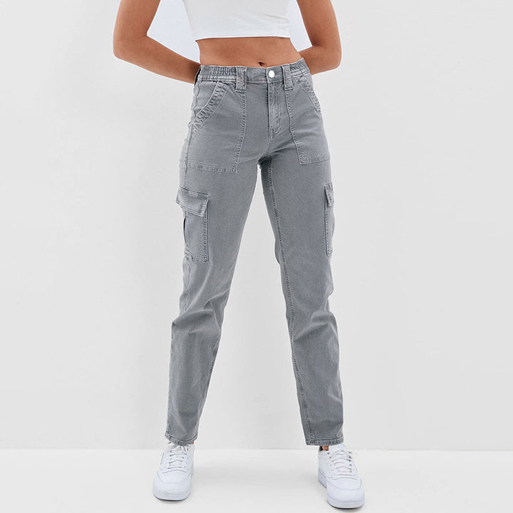 Damen Hochtaillierte Cargohose aus Denim mit geradem Bein und Mehrfachtaschen Echo Archiv