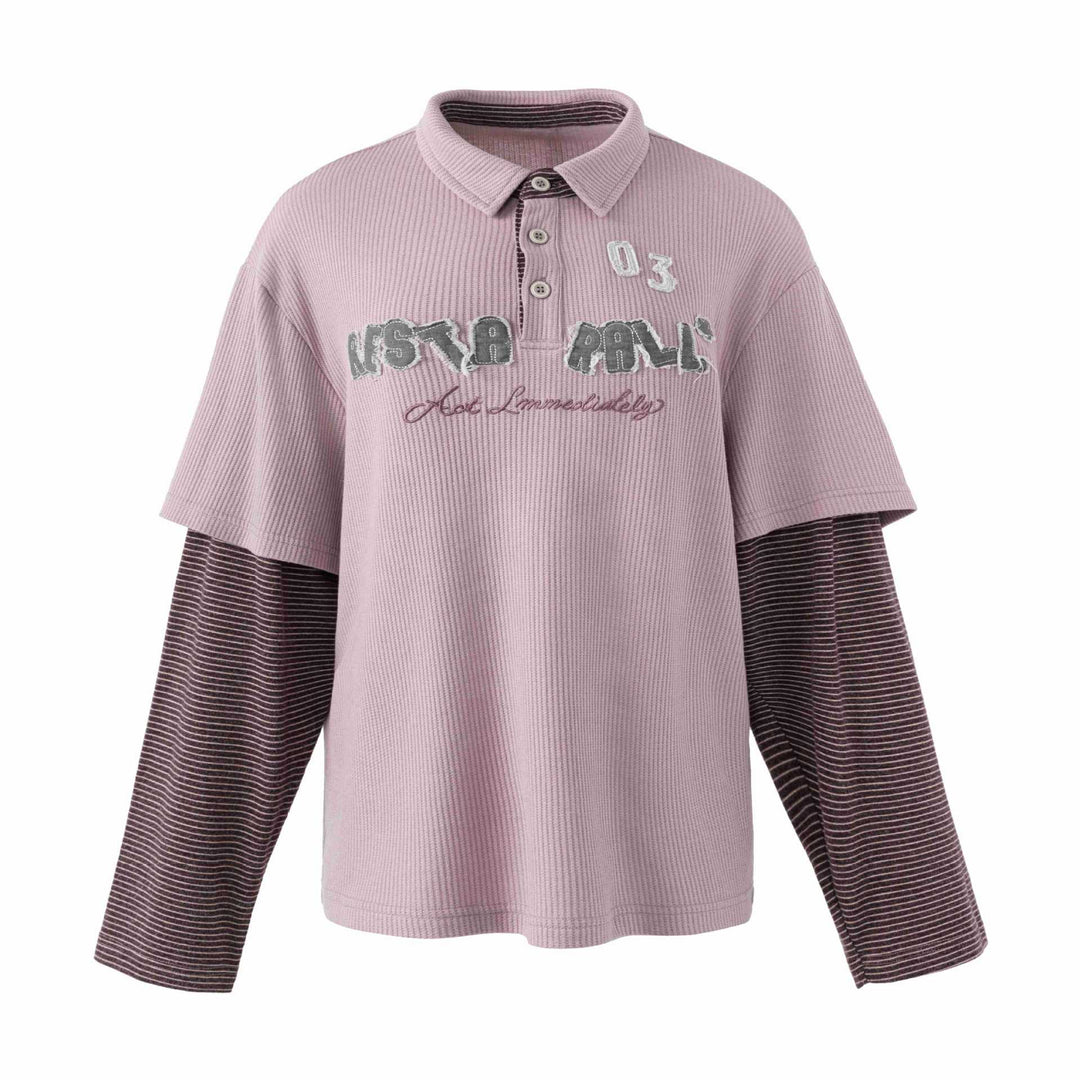 Damen Lässiges Layered-Polo-Shirt mit Rippenstruktur und gestreiften Einsatzärmeln Echoarchiv