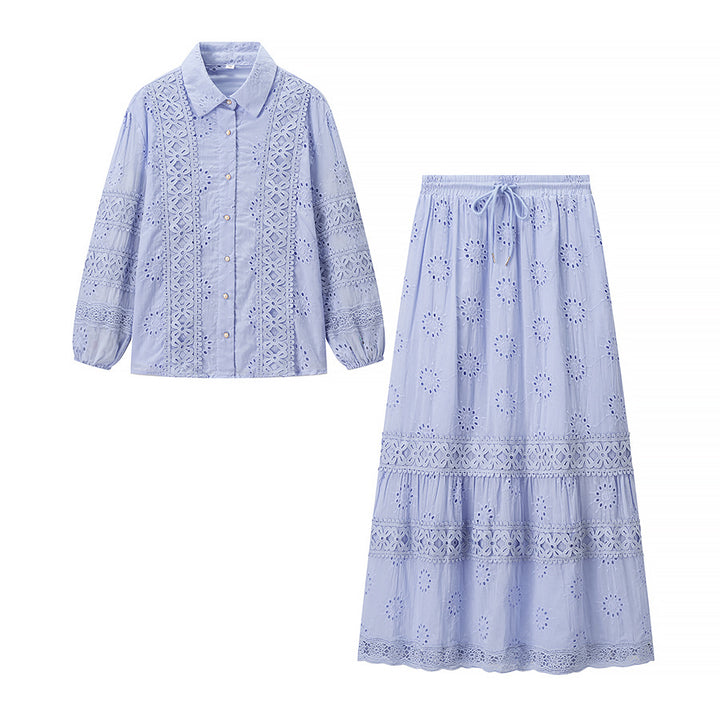 Damen Zweiteiliges Broderie-Anglaise-Set mit Hemdbluse und gestuftem Midirock Echo Archiv