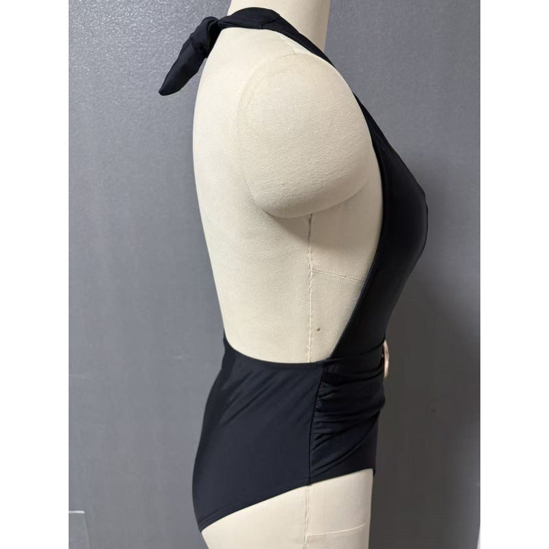 Damen Einteiler Badeanzug mit tiefem V-Ausschnitt und eleganter Gürtel-Applikation Echo Archiv