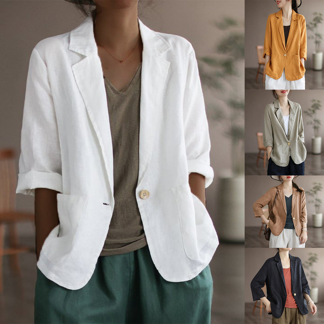 Damen Lässiger Leinenblazer mit breiten Ärmeln und Knopfverschluss – Célinea