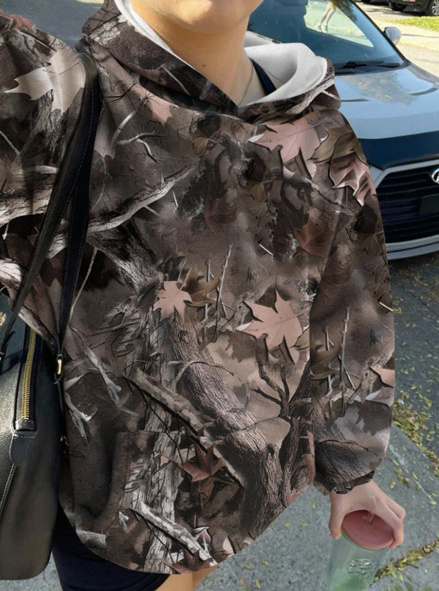 Damen Oversize Kapuzenpullover mit Naturmuster und Kängurutasche Echoarchiv