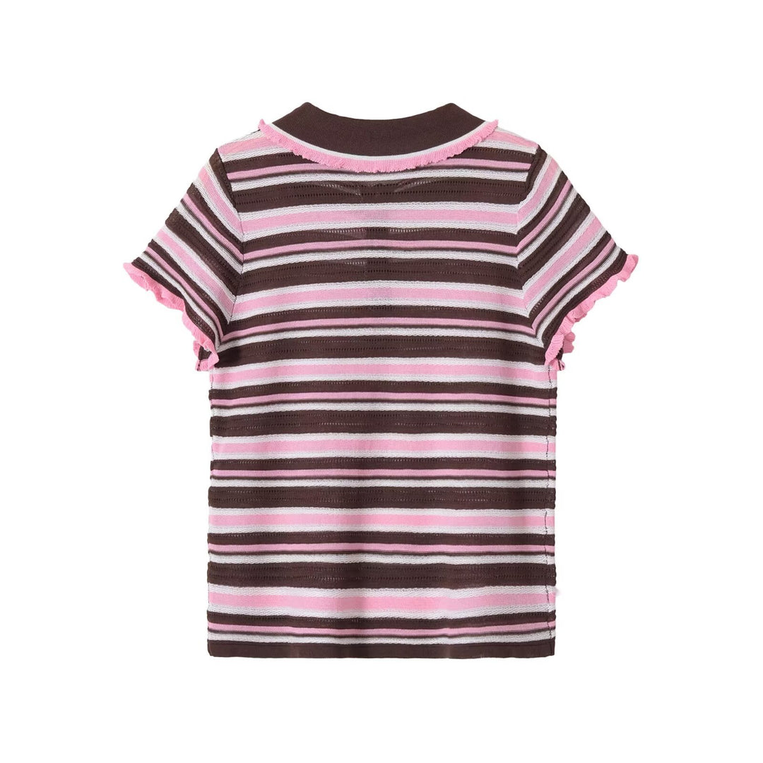 Damen Gestreiftes kurzärmeliges Poloshirt aus Feinstrick mit Rüschenkante und 3‑Knopf‑Leiste Echo Archiv