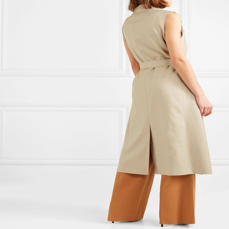 Damen ärmelloser Wickel-Trenchcoat aus Baumwollmix mit doppelreihiger Knopfleiste und Taillengürtel Echoarchiv