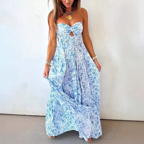Damen nan trägerloses gedrehtes Bustier-Maxikleid mit Cut-out und mehrlagigem Stufenrock in leichter Crinkle-Qualität Echo Archiv