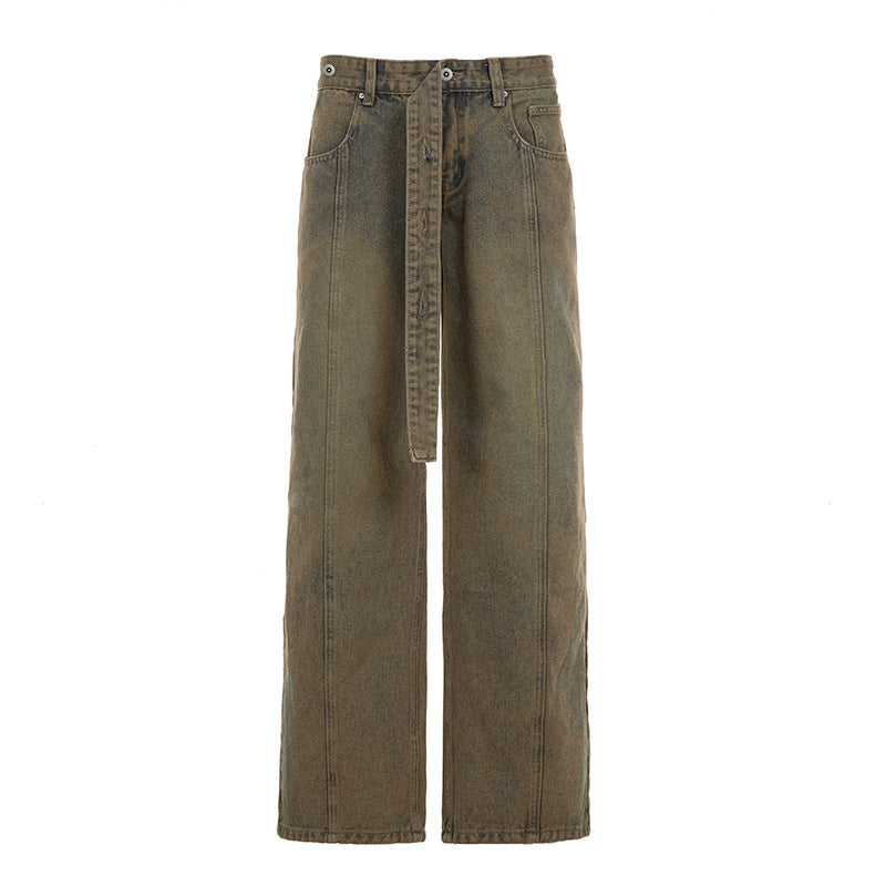 Damen Hochtaillierte weite Denim-Hose mit breitem Bindegürtel Echo Archiv
