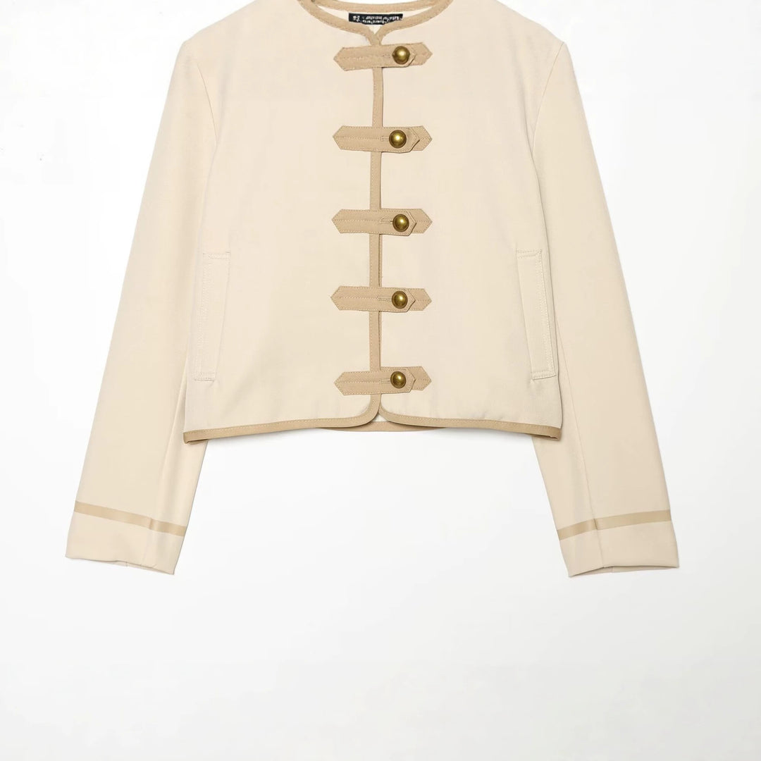 Damen Kurze taillierte Jacke mit Mandarinkragen und dekorativen Laschen Echo Archiv