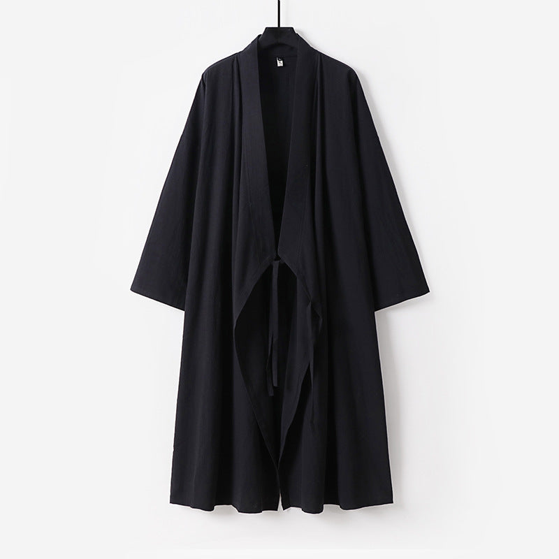 Unisex Langer Kimono-Mantel aus leichtem Baumwollmix mit drapierter Front und Bindeschlaufe Echoarchiv