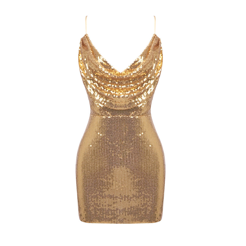 Damen glamouröses Paillettencocktailkleid mit tiefem Ausschnitt und schmaler Silhouette Echo Archiv