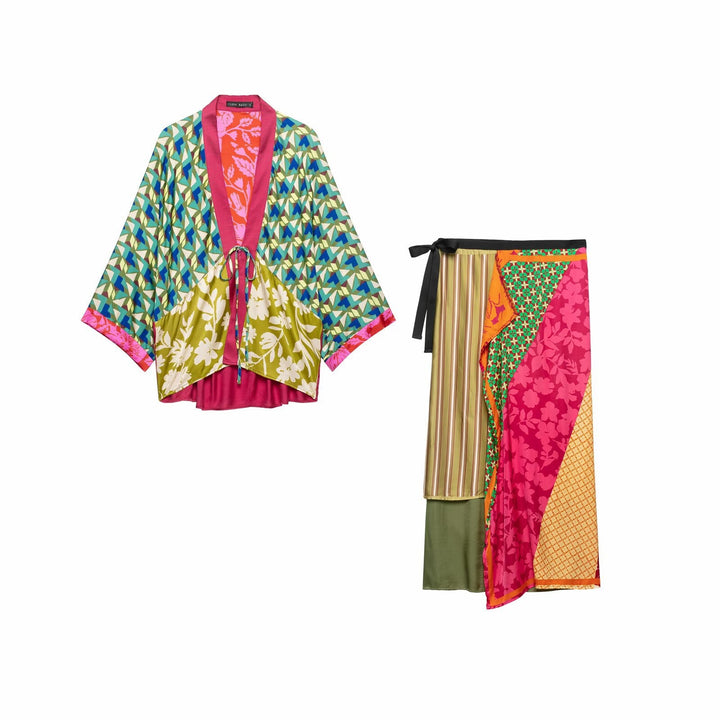 Damen Gemusterter Seiden-Kimono mit Bindegürtel und weitem Fledermausärmel Echo Archiv