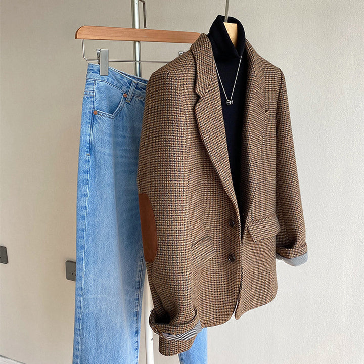 Damen Oversize-Tweed-Blazer mit Ellbogen-Patches, Pattentaschen und kastiger Silhouette Echo Archiv