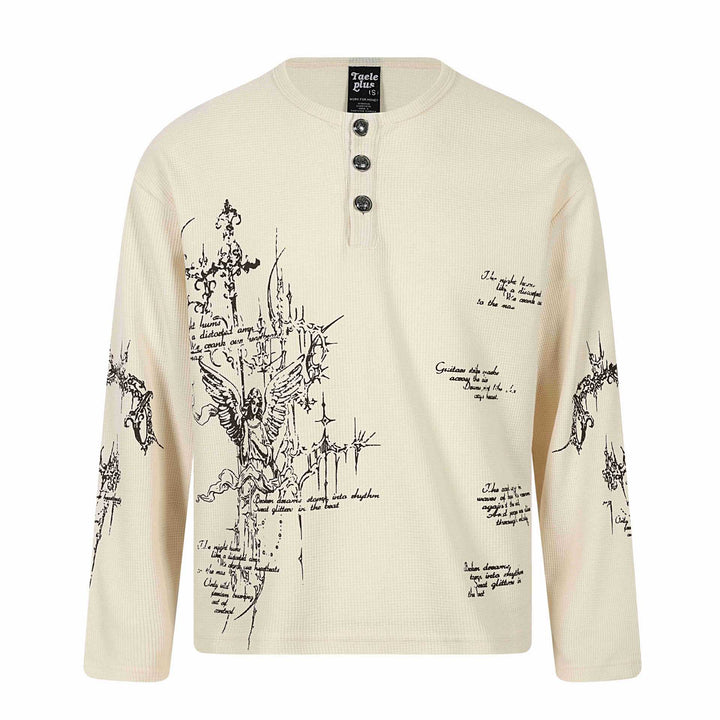 Unisex Waffelstrick-Henley-Langarmshirt mit 3‑Knopfleiste und Allover-Print Echoarchiv