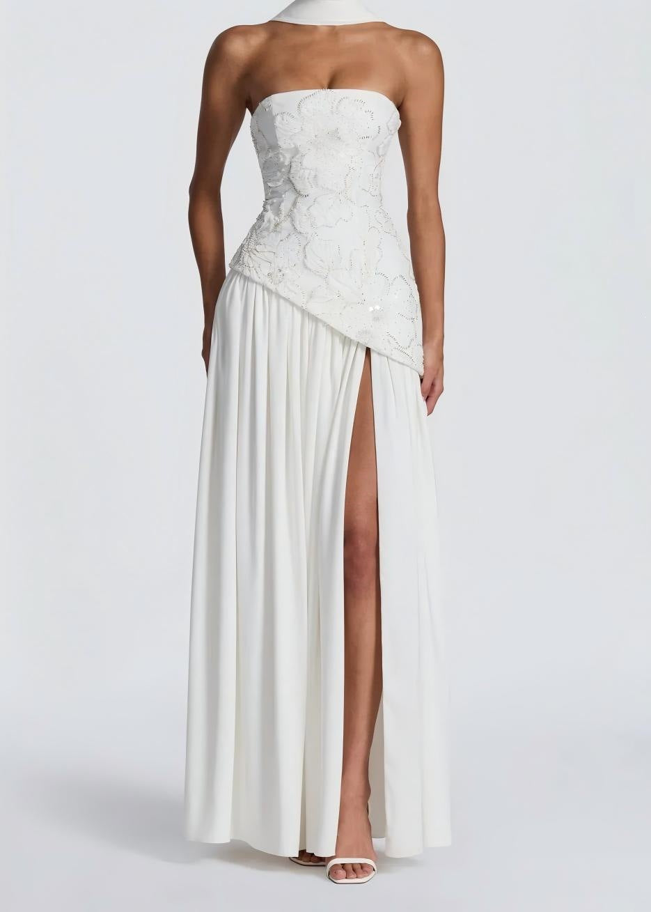 Damen Strapless Abendkleid mit seitlichem Schlitz und floralen Applikationen Echo Archiv