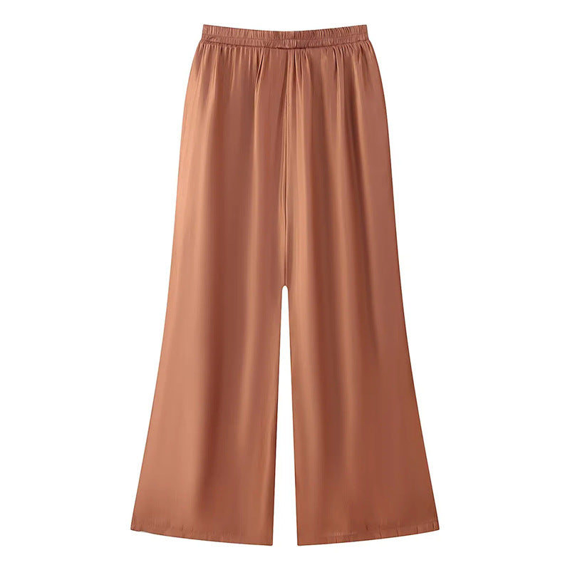 Damen seidiges Zweiteiler-Set mit Hemdbluse, Taillenband und weitem Palazzo-Hose – Élanora