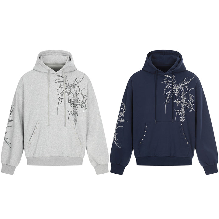 Herren Oversize Kapuzenpullover mit ornamentalem Kreuz‑Print und Nieten Echoarchiv