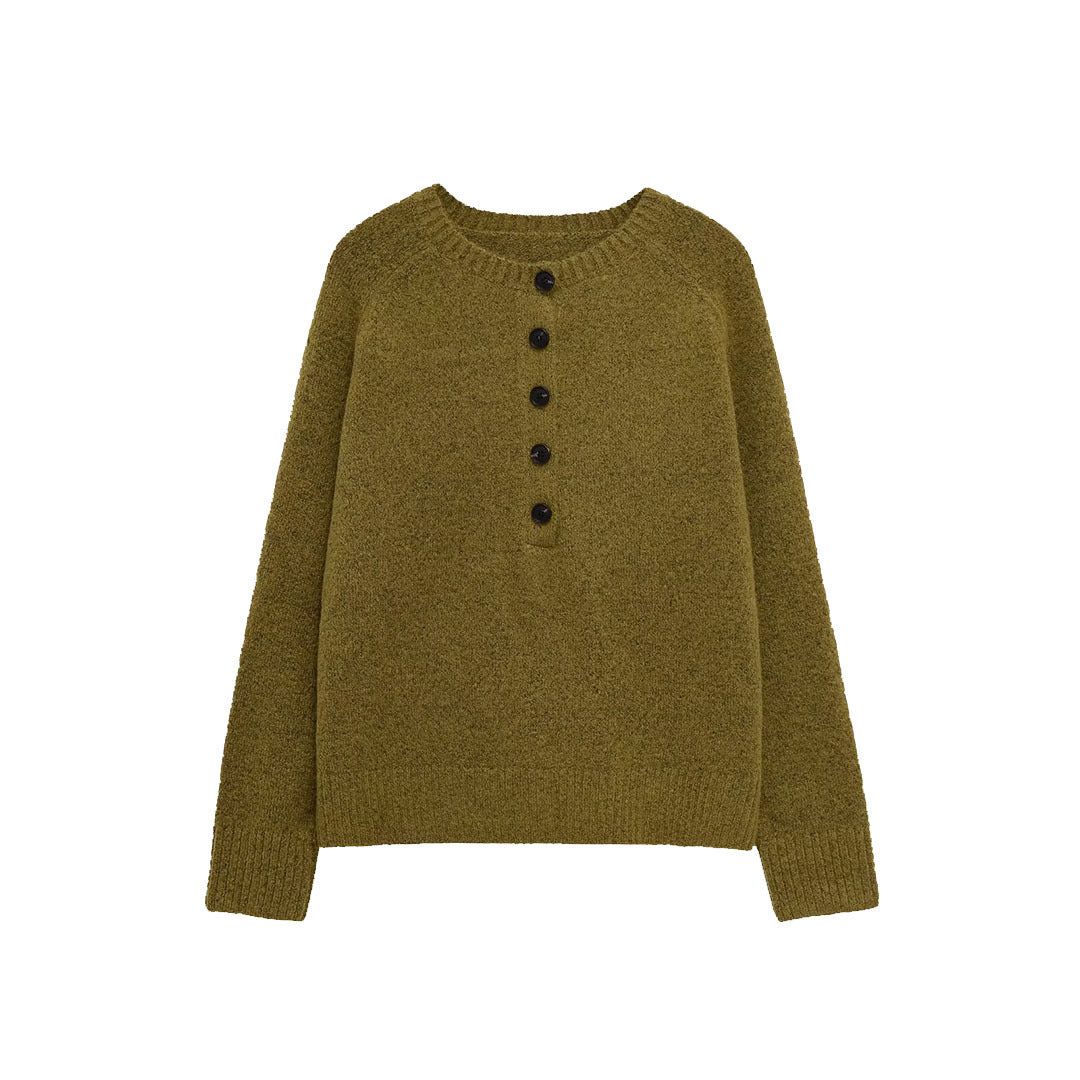 Damen Bouclé-Pullover mit Henley-Knopfleiste und Raglanärmeln Echoarchiv