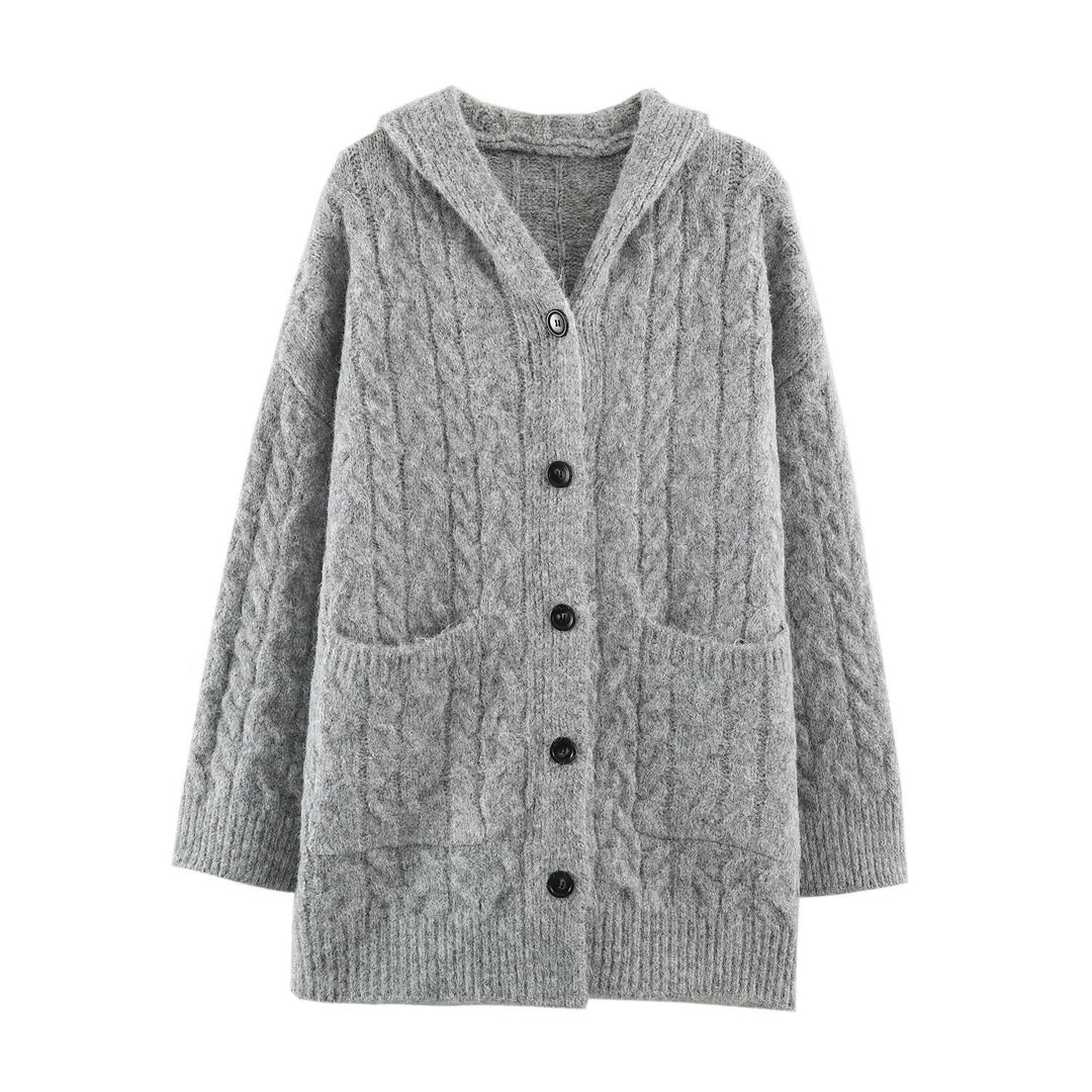 Damen Langgestrickter Kapuzen-Cardigan mit Zopfmuster und Knopfleiste Echoarchiv