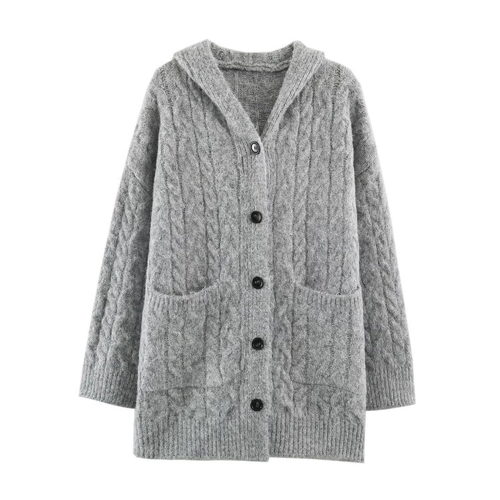 Damen Langgestrickter Kapuzen-Cardigan mit Zopfmuster und Knopfleiste Echoarchiv