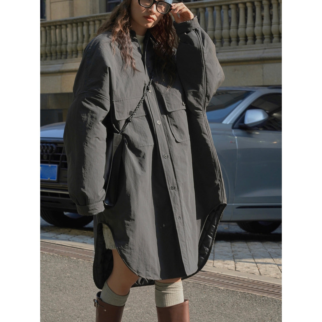 Damen Oversize Hemdblusen‑Mantel mit Steppfutter und aufgesetzten Taschen Echoarchiv