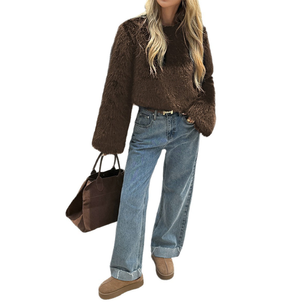 Damen kuscheliger Cropped-Faux-Fur-Pullover mit ausgestellten Ärmeln – Mavelle