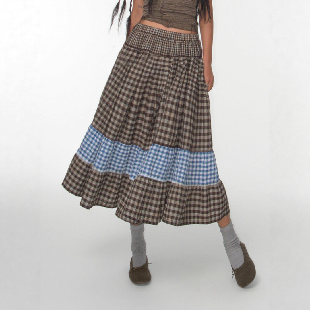 Damen nan mehrlagiger Baumwoll-Stufenrock mit elastischem Taillenbund, kontrastierendem Gingham-Band und Volant Echo Archiv