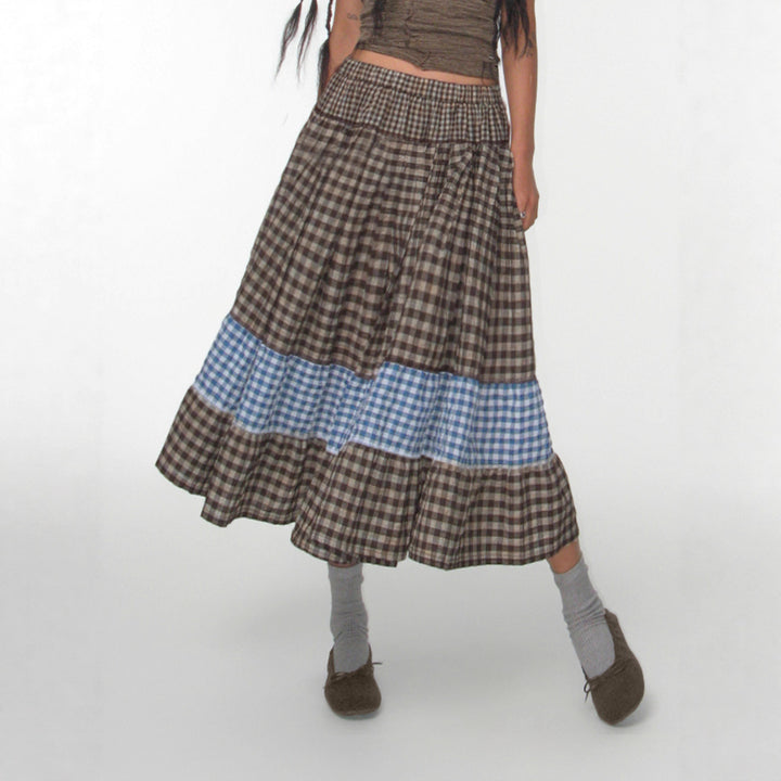 Damen nan mehrlagiger Baumwoll-Stufenrock mit elastischem Taillenbund, kontrastierendem Gingham-Band und Volant Echo Archiv