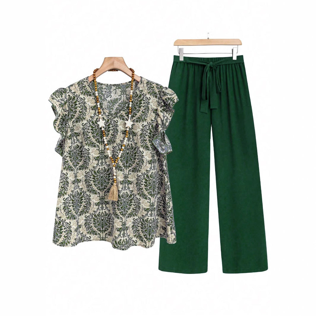 Damen Zweiteiliges Ensemble mit Rüschen-Printbluse und weitem Taillen-Hosenmodell – Élanora