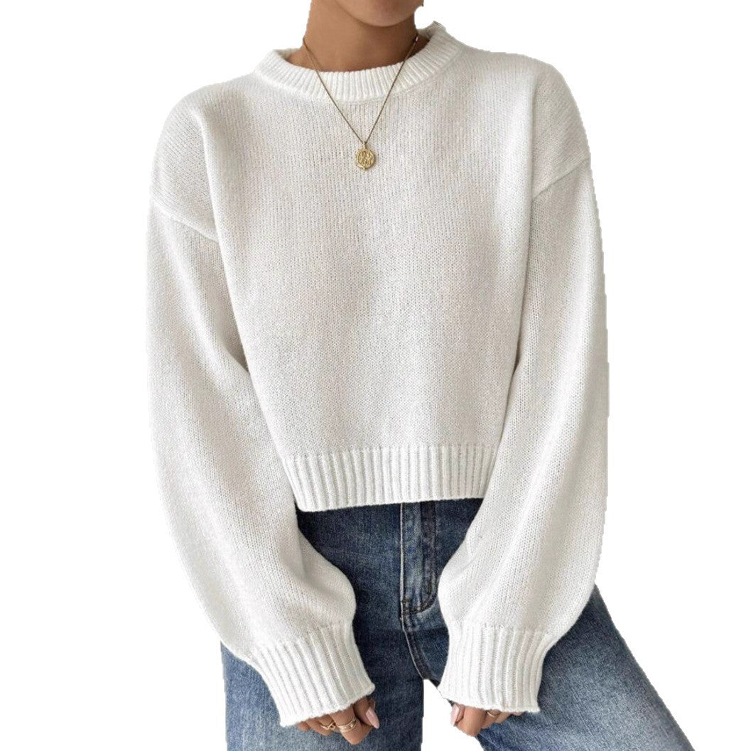Damen Kurz-Cropped Pullover aus feinem Strick mit Ballonärmeln und geripptem Bund – Mavelle
