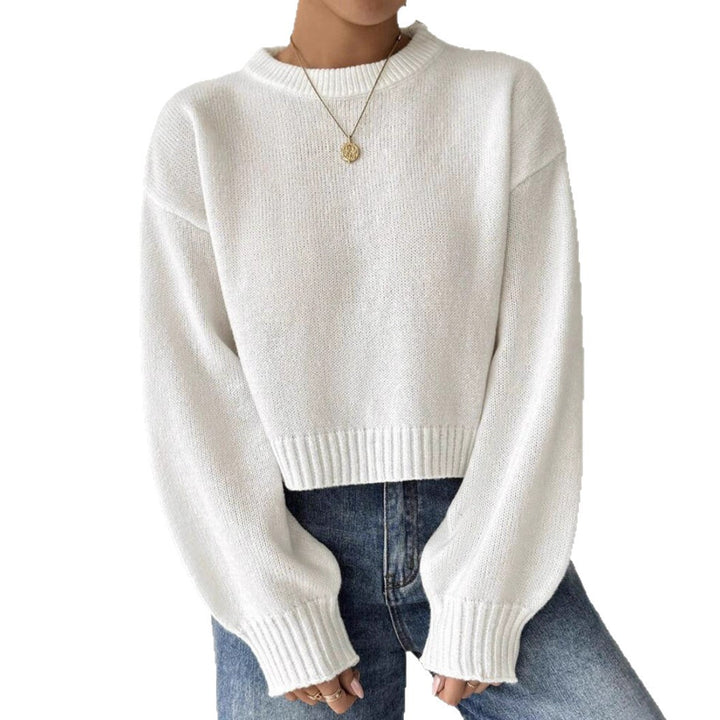 Damen Kurz-Cropped Pullover aus feinem Strick mit Ballonärmeln und geripptem Bund – Mavelle