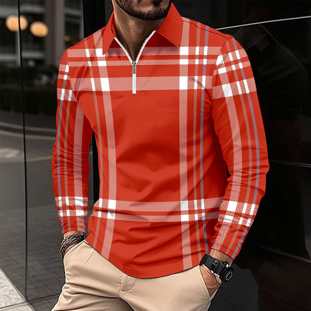 Herren modisches Langarmshirt mit modernem Zip-Kragen und auffälligem Karomuster Echoarchiv