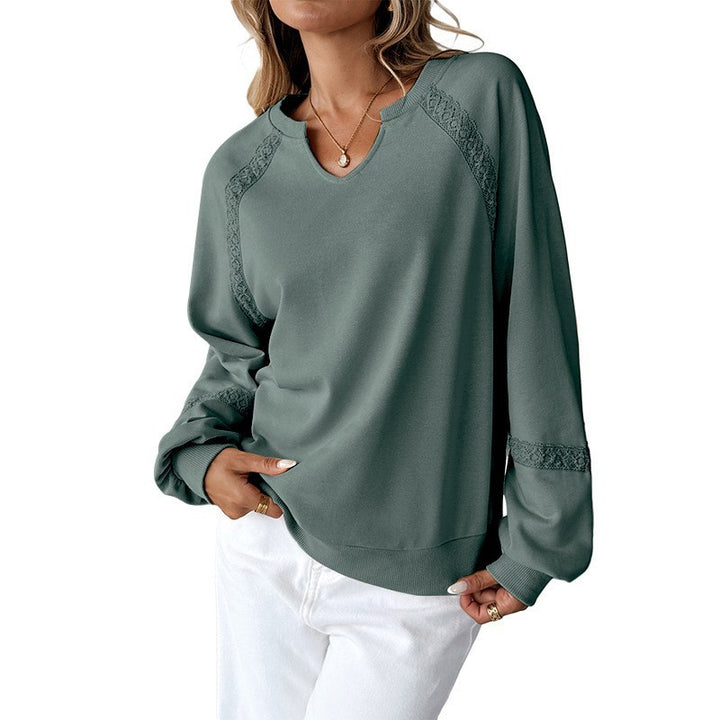 Damen Lässiges Sweatshirt mit V-Notch, Spitzeneinsätzen und Ballonärmeln – Mavelle