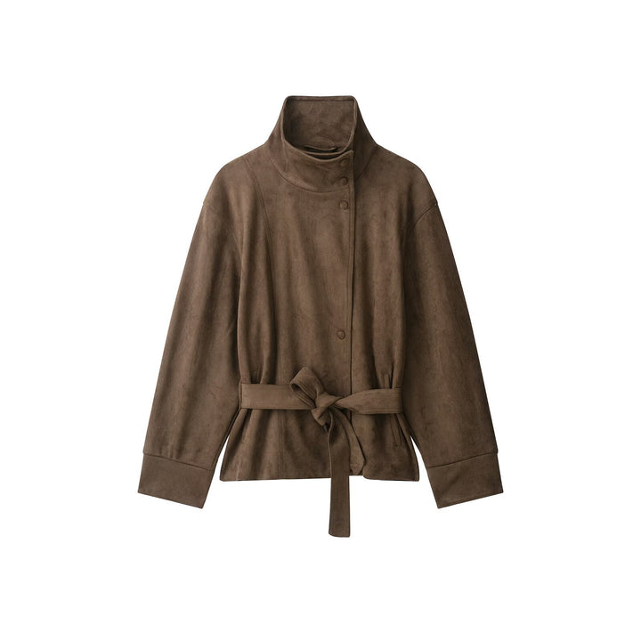Damen Kurzjacke in Wildlederoptik mit hohem Funnelkragen und Bindegürtel Echoarchiv